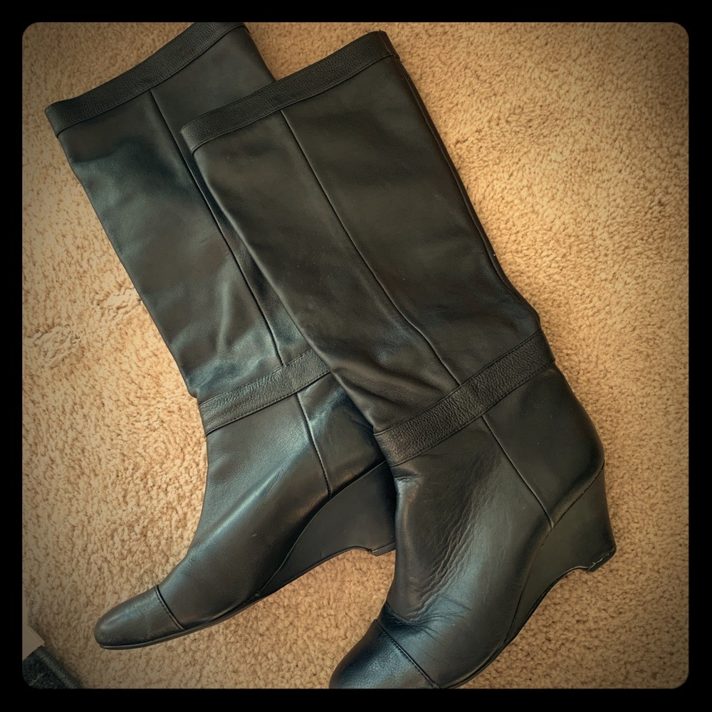 Black wedge knee high boots